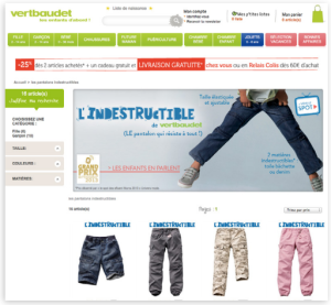 Site de Vertbaudet, avec le pantalon indestructible mis en avant.